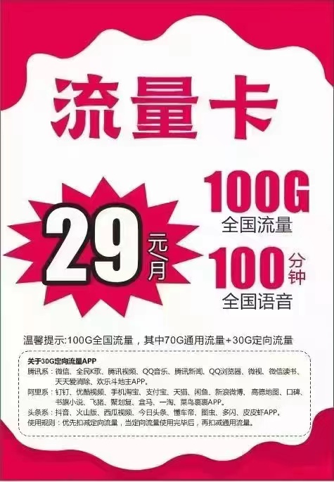 29元大流量卡【29元包100G流量+100分钟通话】